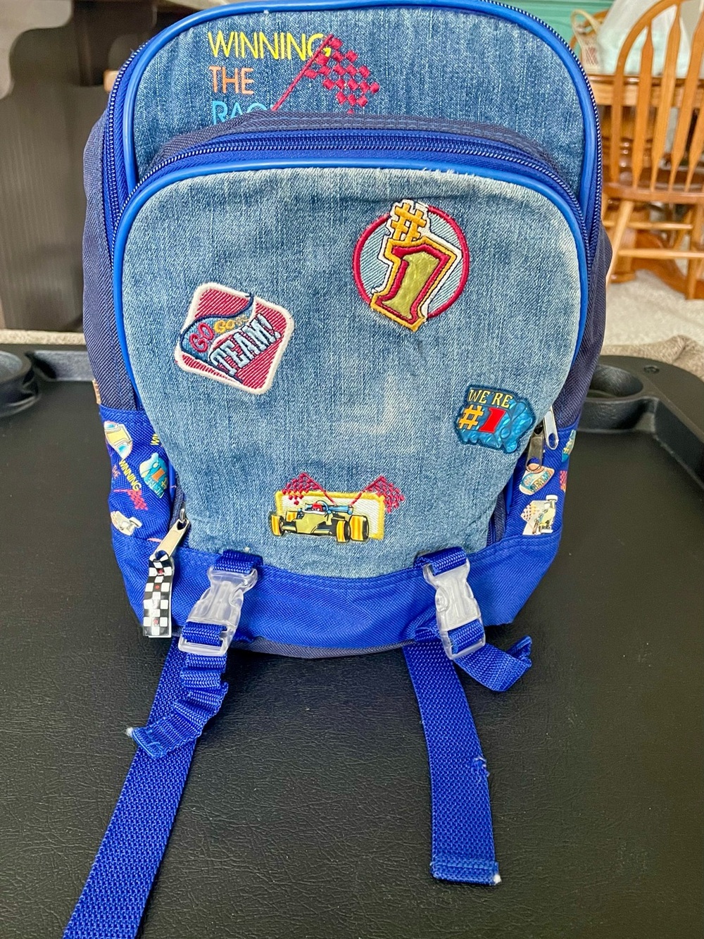 Joe Boxer Winning The Race Kids Blue Denim Racing Patch Backpack Race Cars